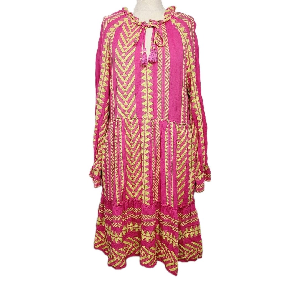 NEW Maeve Anthropologie Embroidered Boho Tassel Dress Pink Yellow Geometric M - Picture 2 of 14